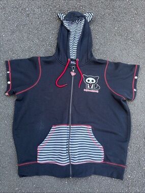 Hot Topic Black & Red SKELANIMALS Hooded Zip-Up Sweatshirt with Striped Pocket L